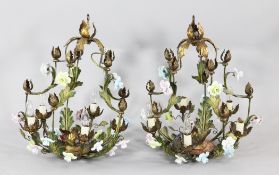 A decorative pair of 20th century Murano glass and polychrome painted electroliers, with scrolling