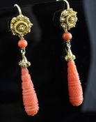 A pair of Chinese? gold and carved coral teardrop shaped drop earrings, 2in.