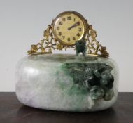 An unusual Chinese green and lavender jadeite pot and cover with American timepiece, early 20th