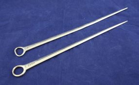 Two George III silver meat skewers, one with engraved armorial, Smith & Fearn, London, 1789 &