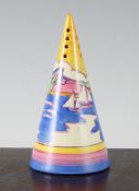 A rare Clarice Cliff Gibraltar pattern conical sugar sifter, black printed Bizarre Clarice Cliff