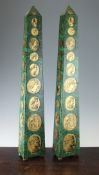 A pair of 20th century Fornasetti printed tin obelisk lamps, with faux malachite and gold