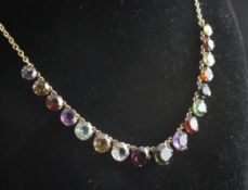 A 9ct gold multi gem set fringe necklace, set with seventeen stones including quartz and garnets