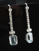 A pair of white gold, diamond and aquamarine set drop earrings, the octagonal cut aquamarines having