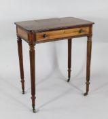 A 19th century Gillows design mahogany and satinwood banded writing table, the top with a hinged