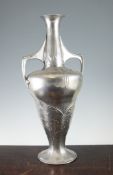 A large Orivit Art Nouveau pewter two handled vase, with stylised oak leaf decoration and