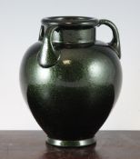 A Le Gras three handled green aventurine glass vase, of oviform, with applied loop handles to the