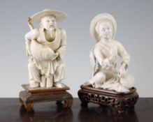 Two Chinese ivory figures of a seated fisherman and a companion, early 20th century, he holding a