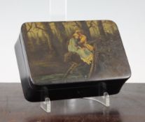 A Russian Vishnikov lacquer and painted papier mache box, the lid decorated with a scene from Prince