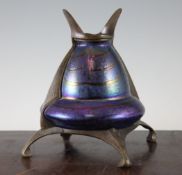 An unusual Art Nouveau Kralik Silberband iridescent Bohemian glass vase, with stylised bronze