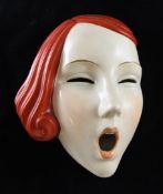 A Royal Dux Art Deco `Screamer` wall mask, with red hair, Czechoslovakia marks, model no.835