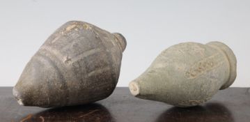 Two Byzantine Greek war or fire grenades, c.10th century AD, each of shell form, 5.7and 7in.