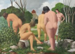 § Louis Duffy (1908-1998)oil on canvas,Female nudes with churchyard beyond,signed,16 x 22in.