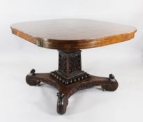 A Victorian amboyna breakfast table, with associated carved base, W.4ft 3in.