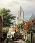 Willem Koekkoek (Dutch, 1839-1895)oil on canvas,Figures beside a bakers cart with church beyond,