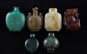 Six various Chinese snuff bottles, the pale green serpentine example with russet inclusions carved