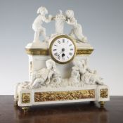 A 19th century French ormolu mounted Sevres style biscuit porcelain mantel timepiece, surmounted