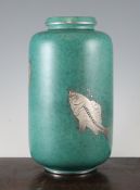 A Gustavsberg Argenta ware cylindrical vase, decorated with fish amid bubbles, on a typical