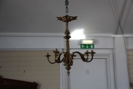 A Louis XVI style six light ormolu electrolier, the central fluted column with foliate pendant