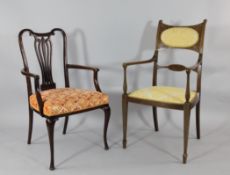 An Edwardian mahogany and boxwood strung open armchair, with part padded back and similar