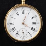 A continental 18ct gold keyless pocket watch, the case back engraved with a leaping horse with