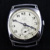 A gentleman`s 1940`s stainless steel Taf automatic wrist watch, with Arabic dial and subsidiary