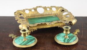 A 19th century French gilt brass and malachite rectangular tray, with pierced and scrolled border,