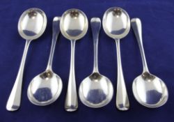 A set of six George V silver rat tail pattern soup spoons, Mappin & Webb, London, 1922, 14 oz.
