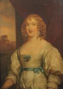 18th century English Schooloil on canvas,Portrait of a lady wearing a ribbon tied white dress,28 x