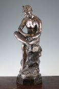 A silver plated model of Mercury, seated on a hexagonal marble base, 20in.