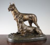 A 1930`s patinated bronze figure group of two Alsatians, signed Terrier, 13.5in.