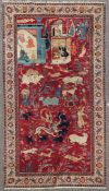 An early 20th century Isphahan carpet, with field of wild, animals, birds, figures and buildings, on