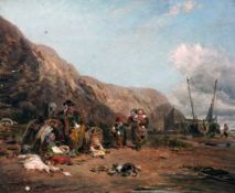 19th century English Schooloil on canvas,Fisherfolk on the shore,7 x 9in.