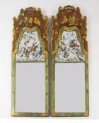 A decorative pair of green lacquer and chinoiserie wall mirrors, with scrolling crests, painted