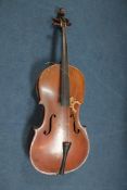 A 19th century cello, with two piece fiddleback mahogany back, no label, probably German, 30in.