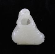 A Chinese white jade figure of a duck, 18th / 19th century, biting a sprig of millet, its legs