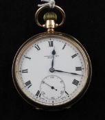 A George V Swiss 9ct gold keyless lever pocket watch, with Roman dial and subsidiary seconds,
