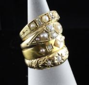 Three Victorian 18ct gold, diamond and split pearl set rings and a similar 15ct gold ring, sizes K,N
