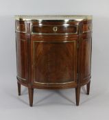 An early 19th century Dutch mahogany demi lune side cabinet, with marble top and brass gallery