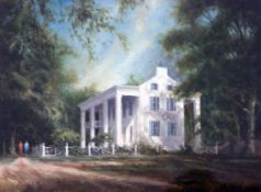 § Felix Kelly (1917-1994)oil on board,`Walk by the Blue Shuttered Mansion`,label verso,6 x 8in.