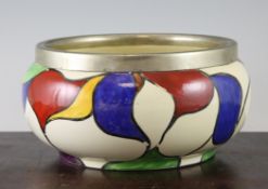 An early Clarice Cliff Bizarre pattern bowl, EPNS rim, painted in colours with interlocking