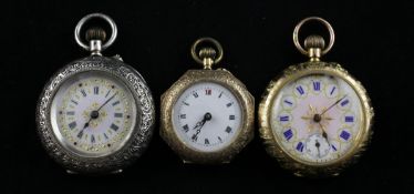 A lady`s early 20th century Swiss 14ct gold and enamelled fob watch, with Roman dial and foliate
