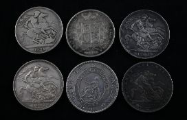A Bank of England silver dollar and five silver crowns, the dollar VF, the crowns comprising