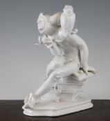 A Meissen `Weiss` glazed porcelain figure of a jester, seated on a stack of books, an owl upon his