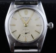A gentleman`s 1940`s? mid size stainless steel Rolex Oyster Perpetual Chronometre wrist watch,