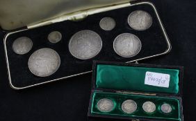 A Victoria 1887 Jubilee specimen silver coin set, from crown to 3 pence and a Victoria 1900 silver