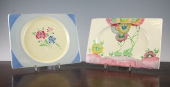 Two Clarice Cliff Bonjour shape rectangular plates, in Aurea and Floral Spray patterns, the former