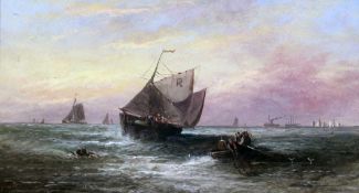 William Rogers (19th C.)pair of oils on canvas,Fishing boats along the coast,one signed,10 x 18in.