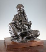 Z. Drljaca-Bjelogrilc. A bronzed sculpture, Mother and child, 1980, on a rectangular teak base,