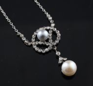 A 1920`s? white gold, diamond and cultured pearl set "love knot" pendant necklace, unmarked, pendant